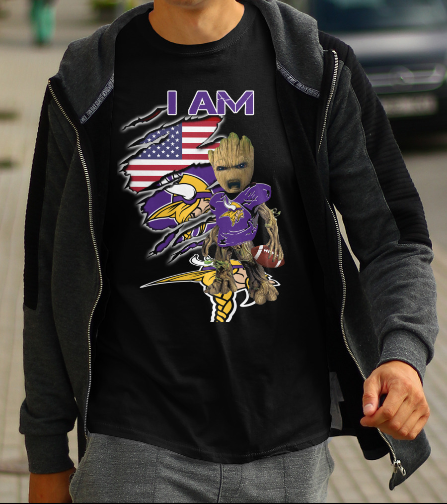 I AM Vikings Baby Groot American Flag Football T-Shirt