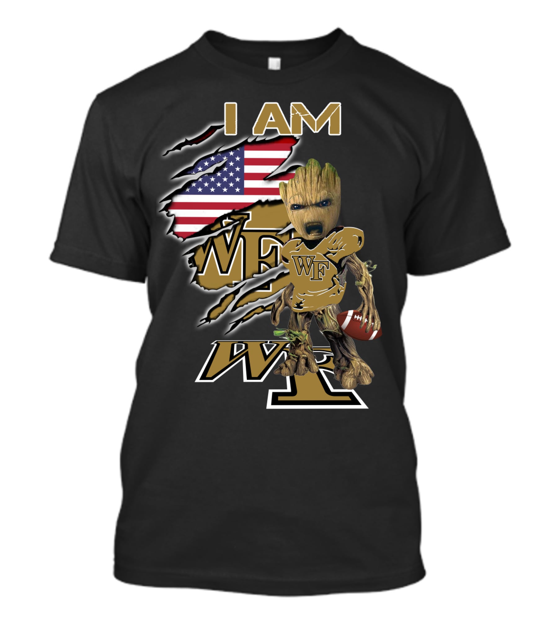 I Am Wf Wake Forest Baby Groot American Flag Football T-Shirt