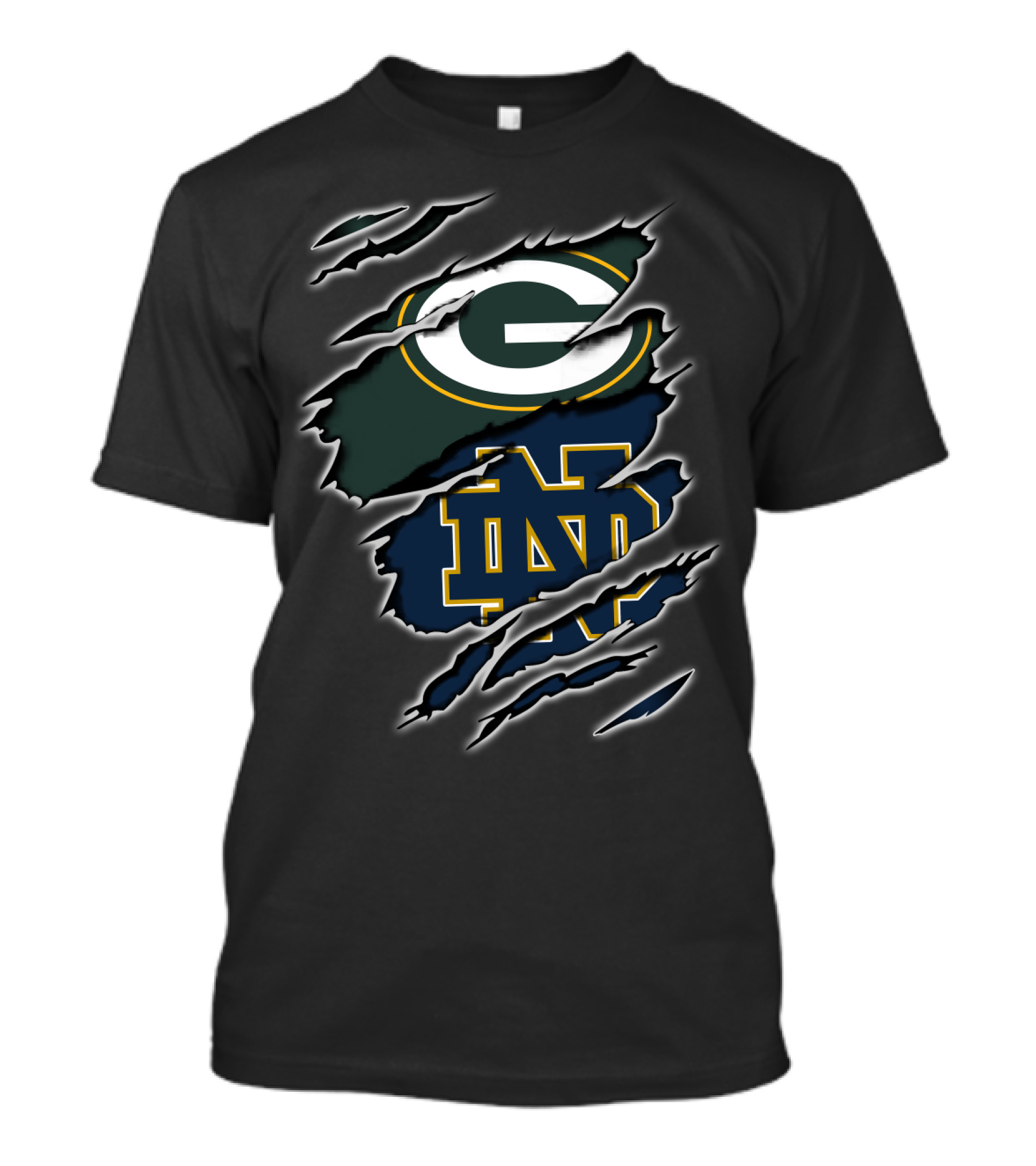 Packers G Green Bay Notre Dame Nd Blue Gold Logo Ripped Torn T-Shirt