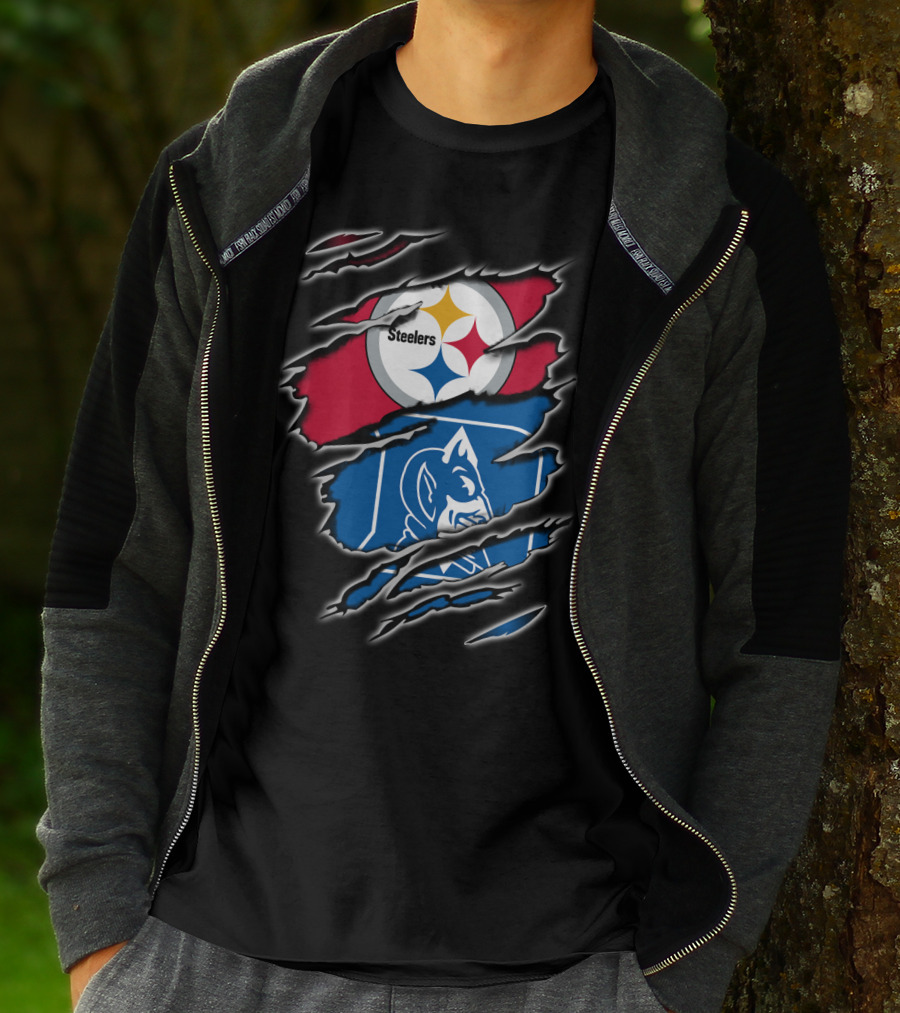 Steelers Duke Blue Devils Ripped Emblem Combination T-Shirt