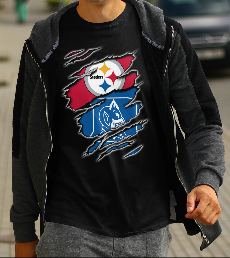 Steelers Duke Blue Devils Ripped Emblem Combination T-Shirt