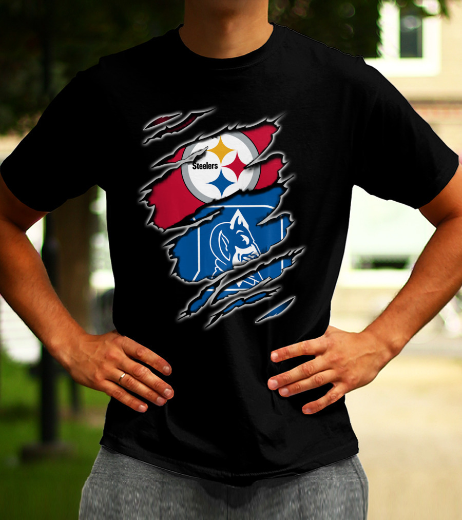 Steelers Duke Blue Devils Ripped Emblem Combination T-Shirt