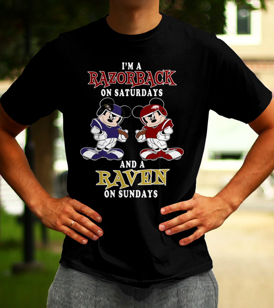 Razorback Saturdays Raven Sundays Mickey Football Characters T-Shirt