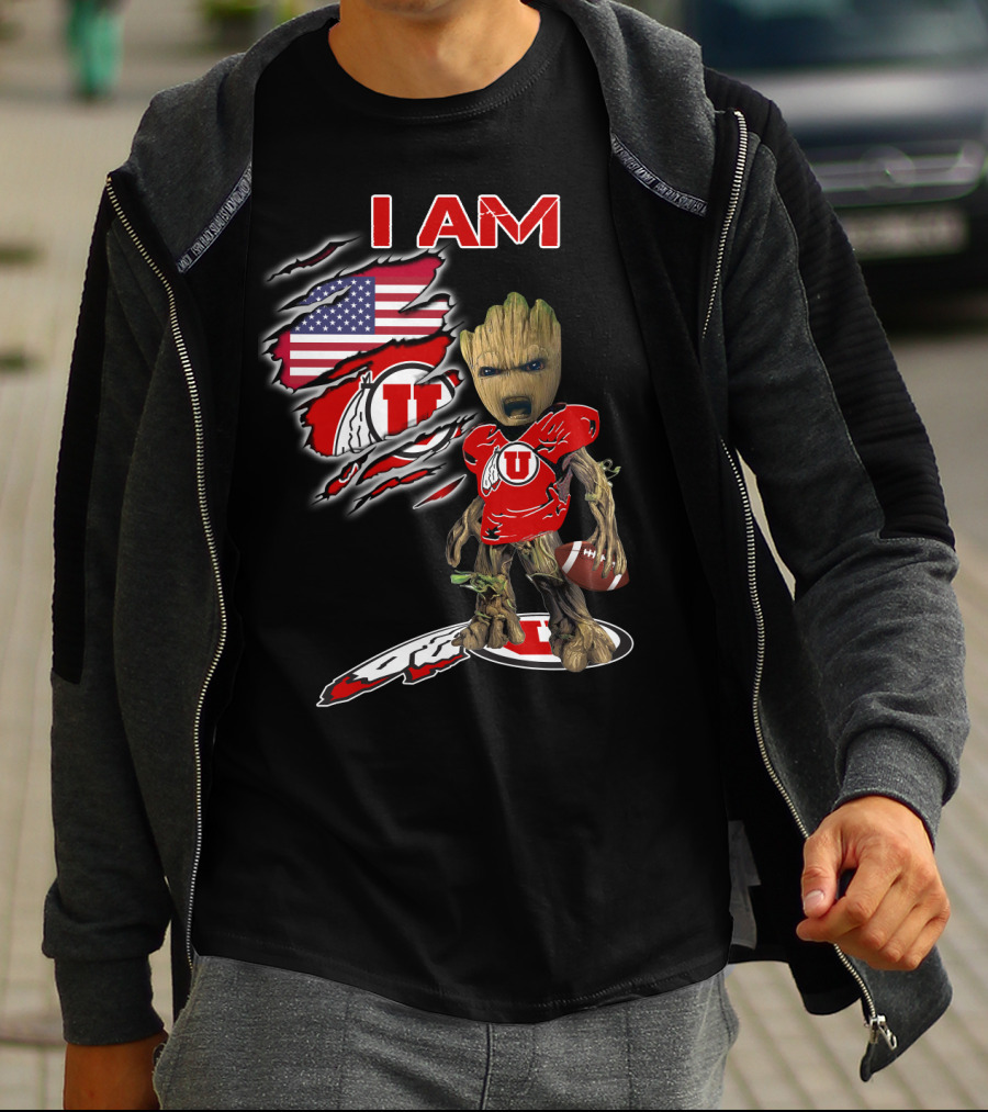 I Am U Utah Football Fan Groot American Flag T-Shirt