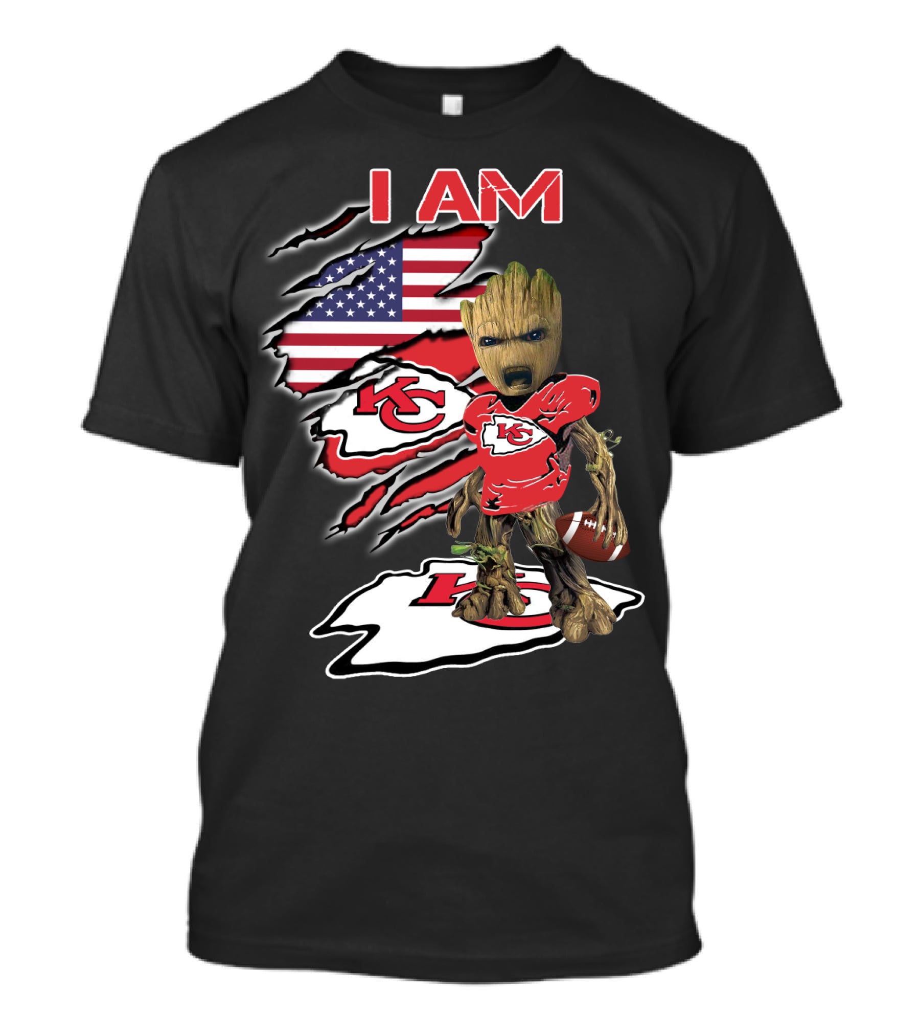 I Am Kc Chiefs Groot American Football Fan Usa Flag T-Shirt