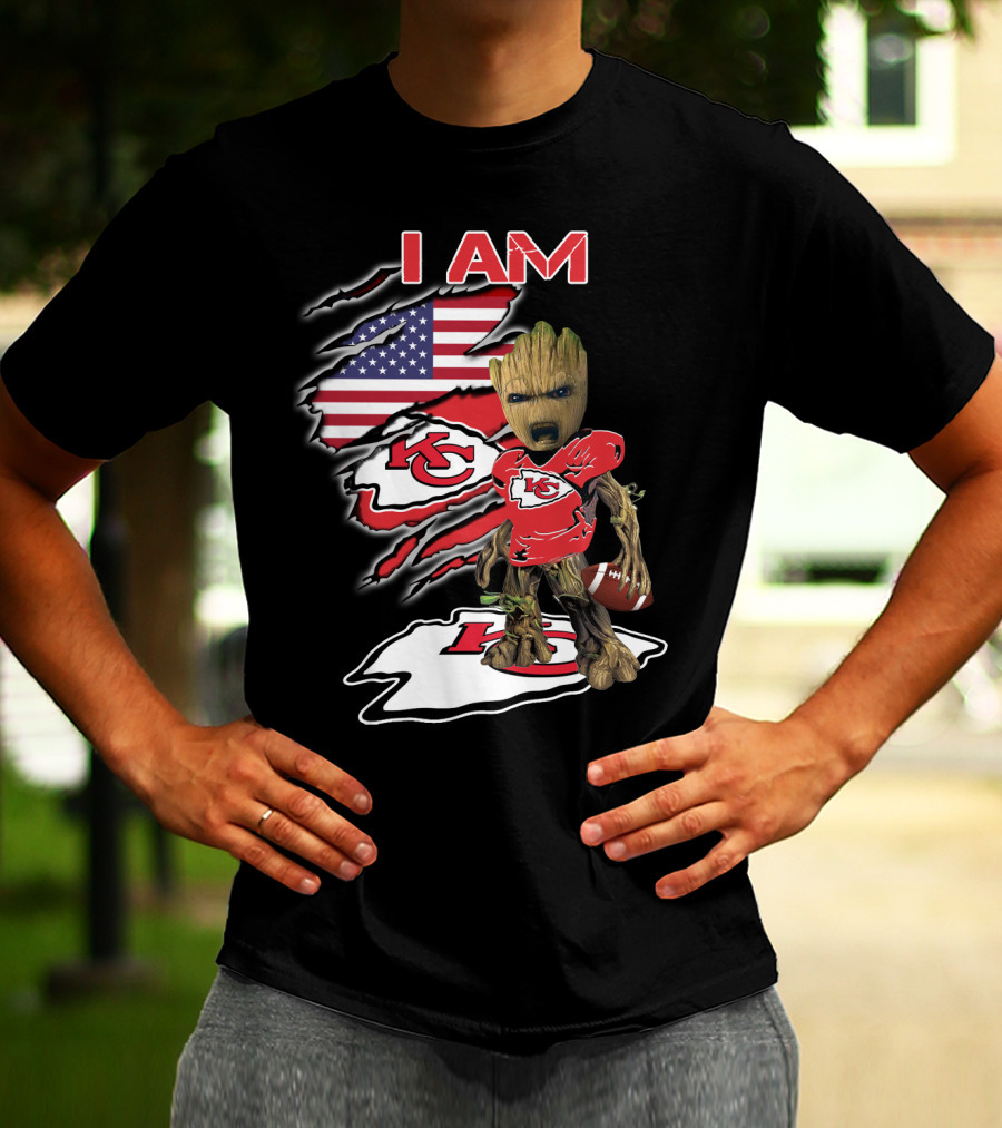 I Am Kc Chiefs Groot American Football Fan Usa Flag T-Shirt