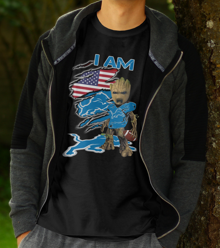 I Am Groot Detroit Lions Fan Football American Flag T-Shirt
