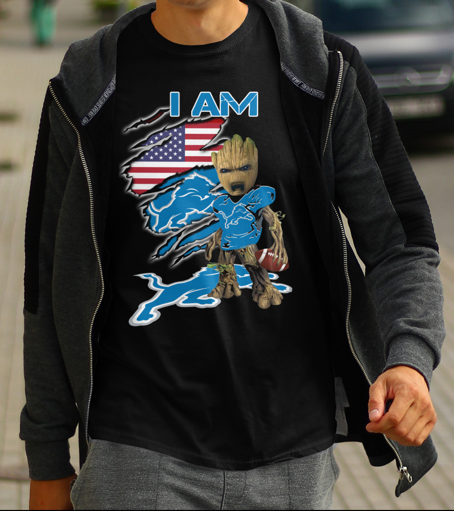 I Am Groot Detroit Lions Fan Football American Flag T-Shirt