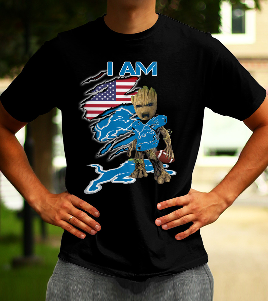 I Am Groot Detroit Lions Fan Football American Flag T-Shirt