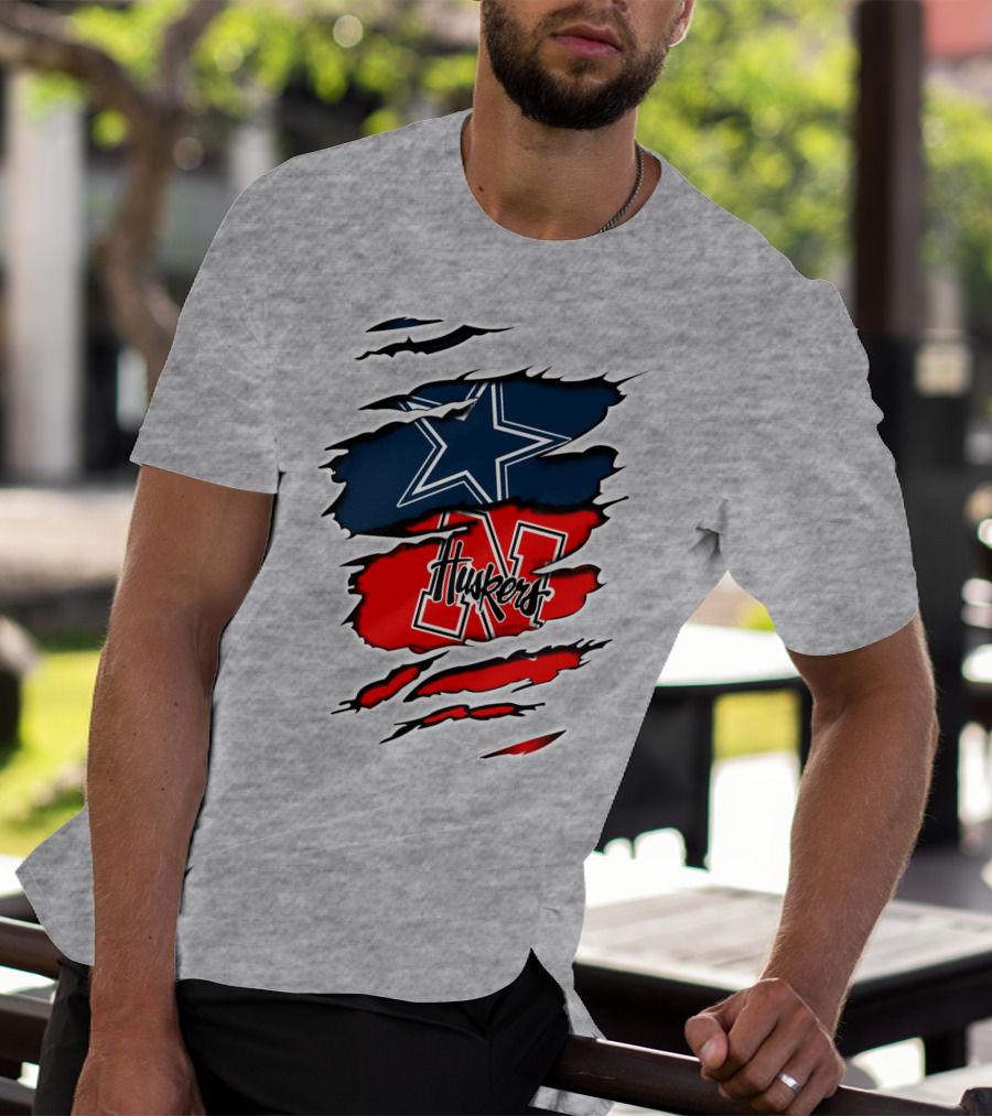 Cowboys Huskers Star Logo Red And Blue Tear T-Shirt