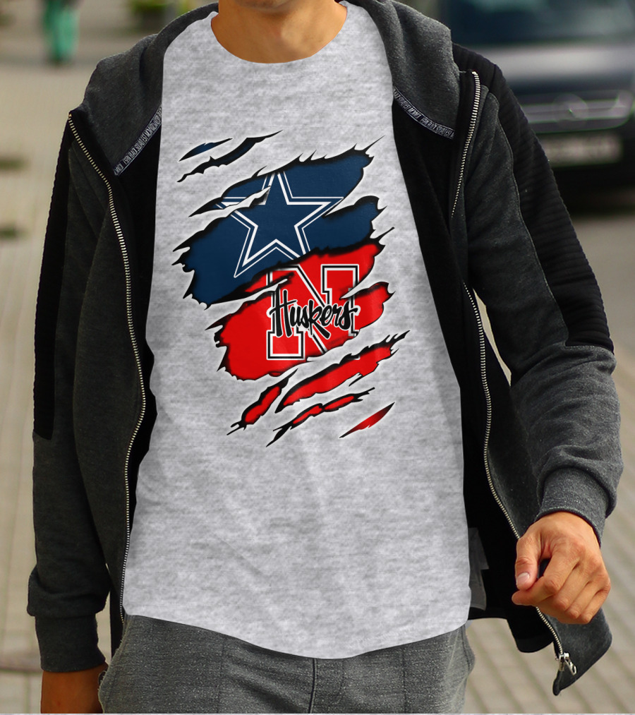 Cowboys Huskers Star Logo Red And Blue Tear T-Shirt