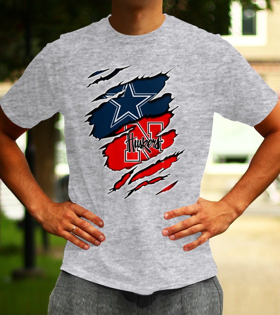 Cowboys Huskers Star Logo Red And Blue Tear T-Shirt