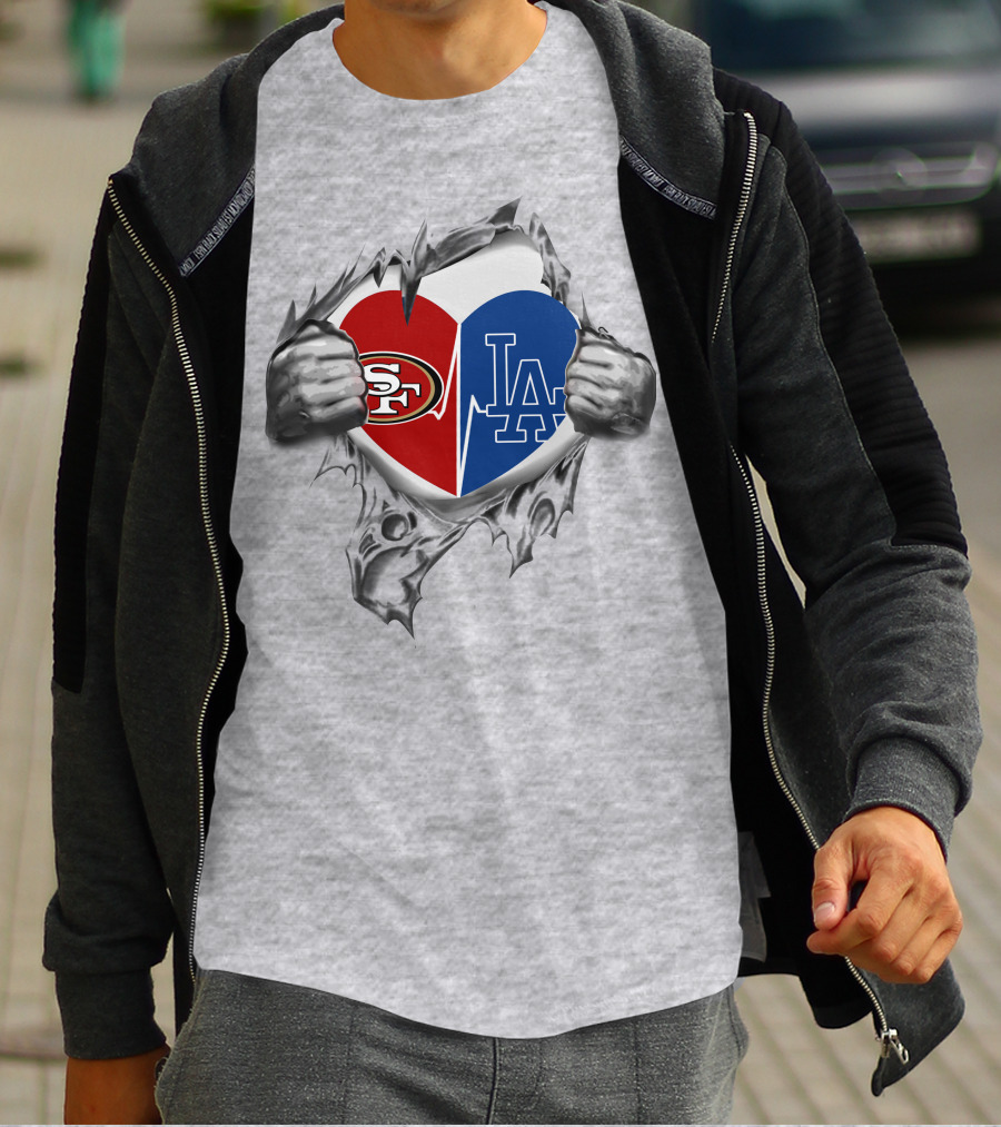 49ers La Dodgers Heart Logo Peeling T-Shirt