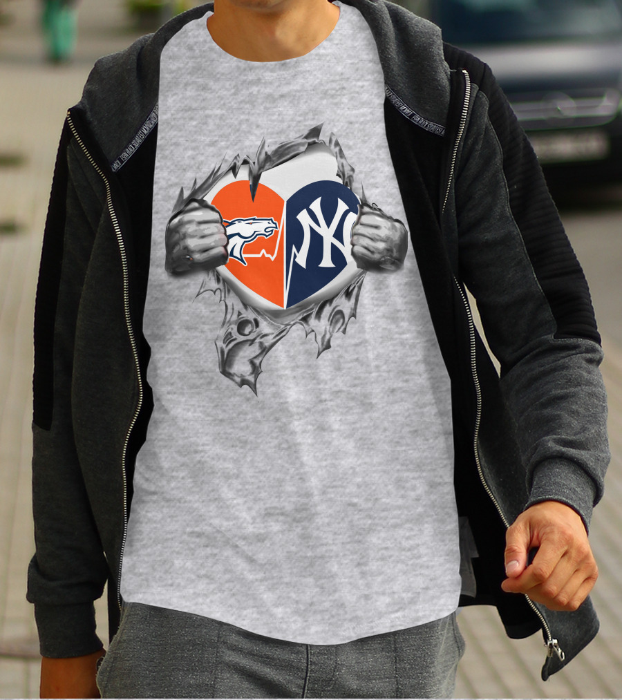 Broncos And Yankees Heart Split Design With Iconic Logo Mesh Tear Elements T-Shirt