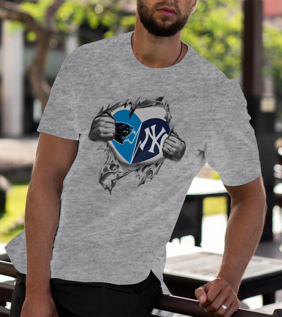 Carolina Panthers New York Yankees Heart Tear Mashup T-Shirt