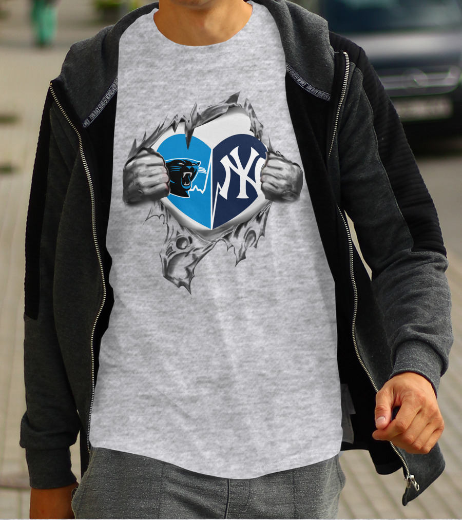 Carolina Panthers New York Yankees Heart Tear Mashup T-Shirt