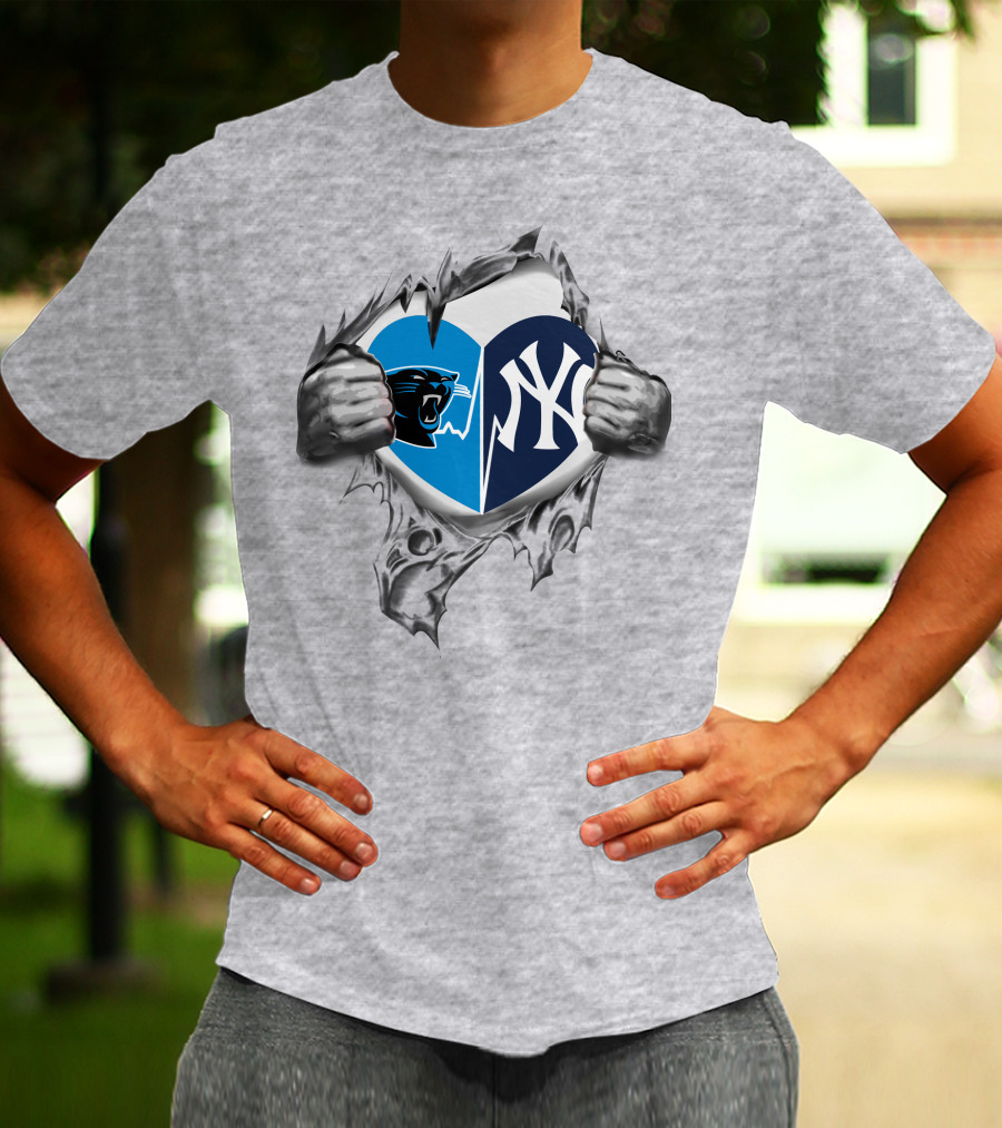 Carolina Panthers New York Yankees Heart Tear Mashup T-Shirt