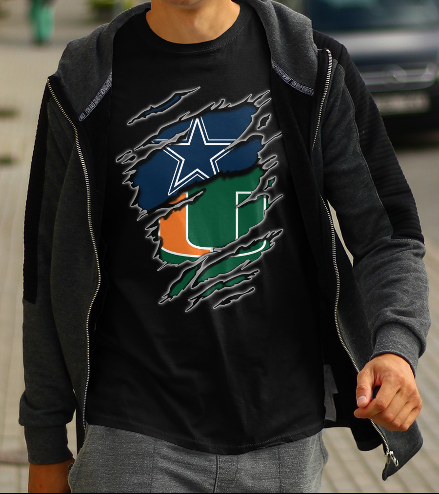 Dallas Cowboys Miami Hurricanes Logos Rip Through T-Shirt