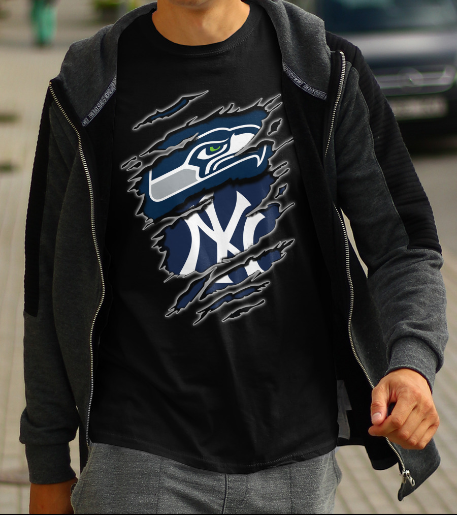 Seattle Seahawks New York Yankees Nfl Mlb Crossover Logo Fusion T-Shirt