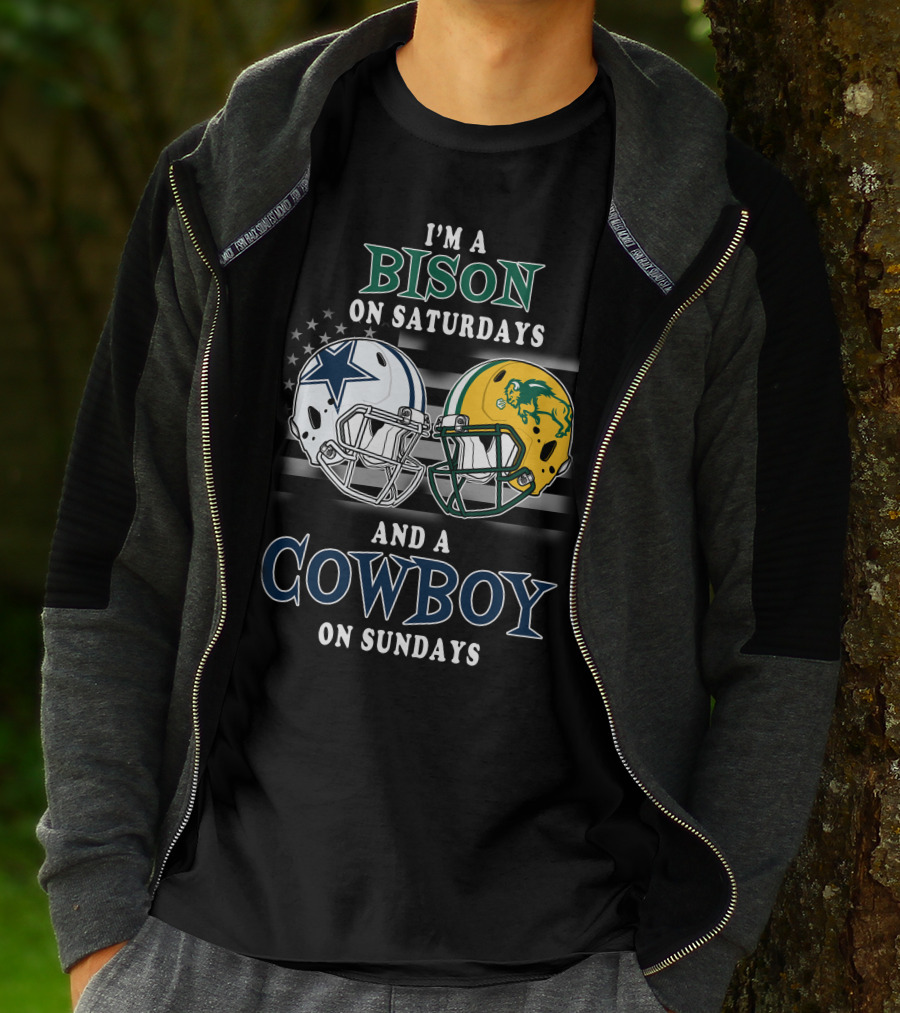 I'm A Bison On Saturdays And A Cowboy On Sundays Football Helmets American Flag T-Shirt