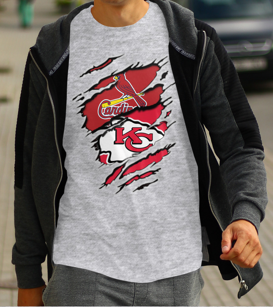 Kansas City Chiefs And St. Louis Cardinals Team Logos On Red And White T-Shirt