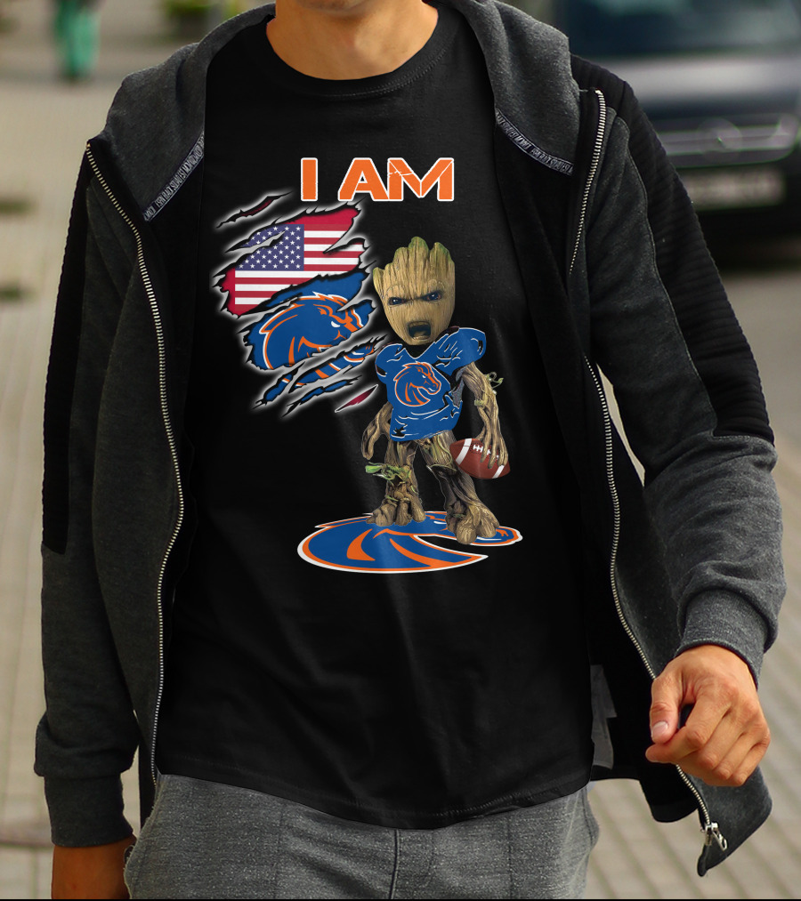 I Am Boise State Broncos Baby Groot Football American Flag T-Shirt