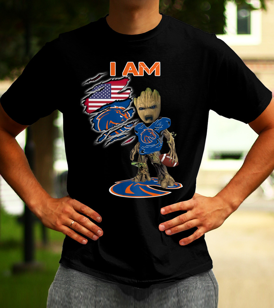 I Am Boise State Broncos Baby Groot Football American Flag T-Shirt