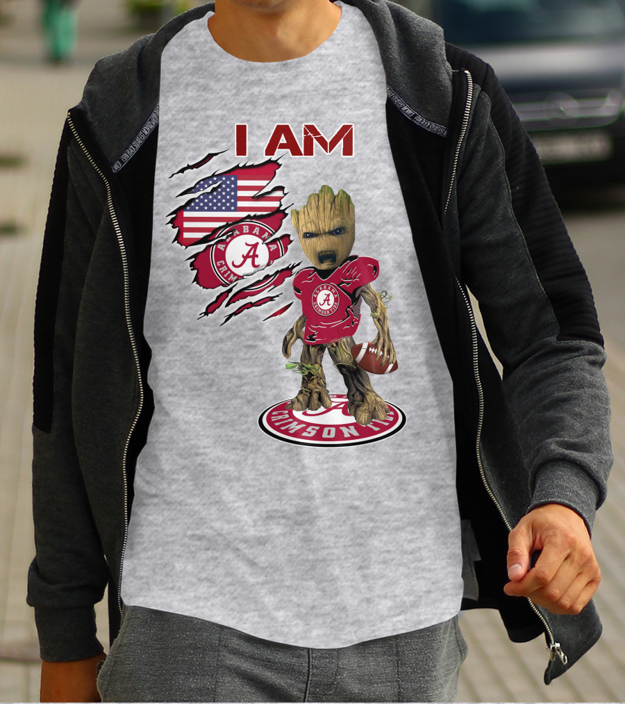 I Am Alabama Crimson Tide Baby Groot Football T-Shirt