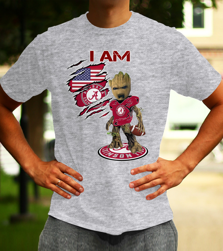I Am Alabama Crimson Tide Baby Groot Football T-Shirt