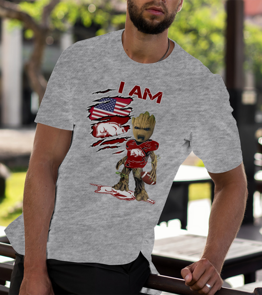 I Am Arkansas Baby Groot Razorbacks Football USA Flag T-Shirt