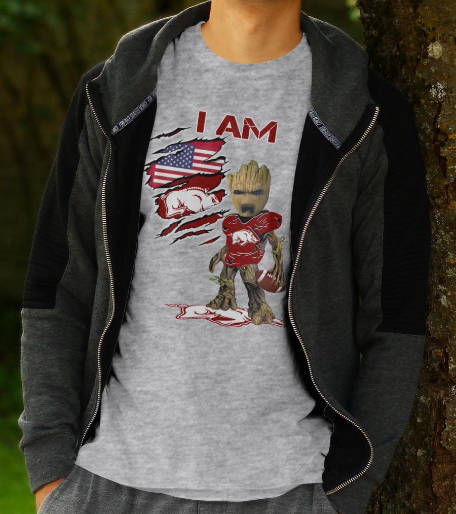 I Am Arkansas Baby Groot Razorbacks Football USA Flag T-Shirt