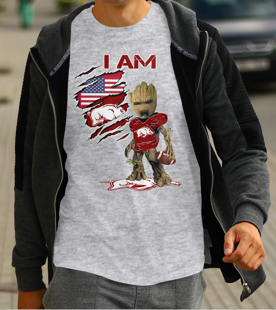 I Am Arkansas Baby Groot Razorbacks Football USA Flag T-Shirt