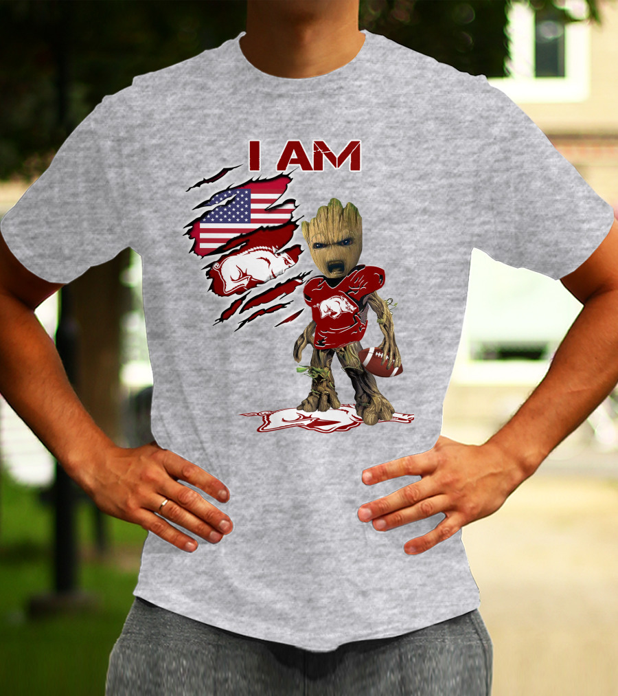 I Am Arkansas Baby Groot Razorbacks Football USA Flag T-Shirt