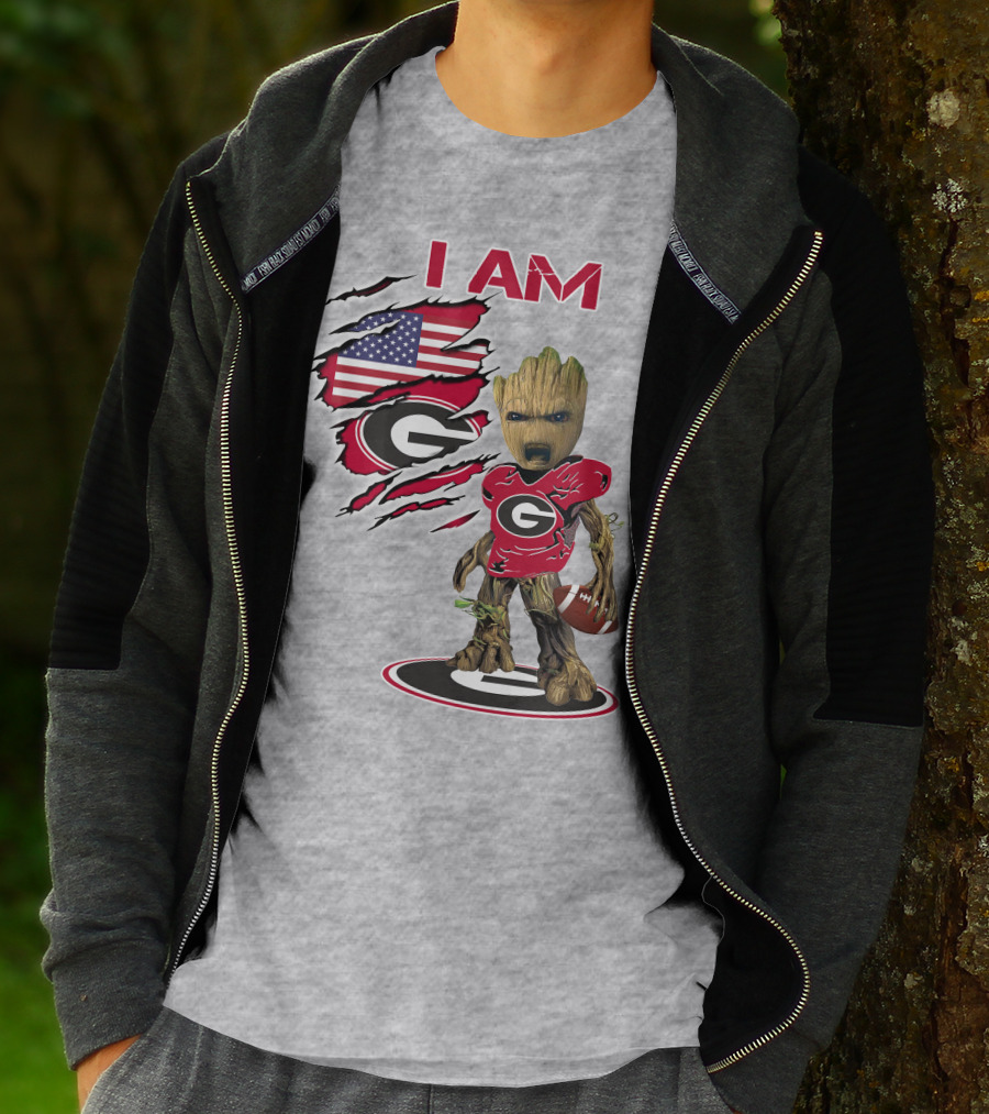 I AM Bulldogs Baby Groot Football Fan USA Flag T-Shirt