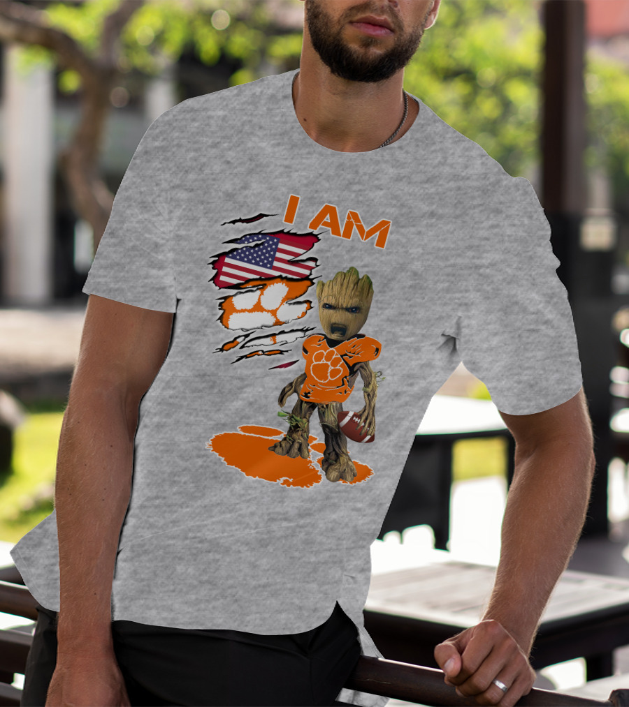 I AM Clemsons Baby Groot American Flag Football Paw Prints T-Shirt