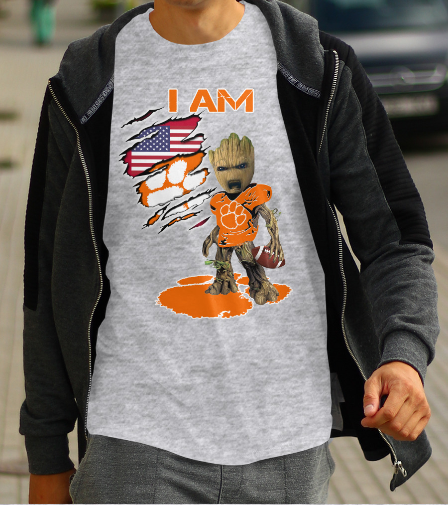 I AM Clemsons Baby Groot American Flag Football Paw Prints T-Shirt