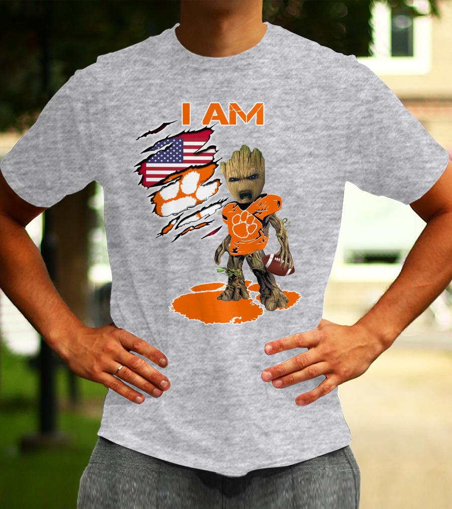 I AM Clemsons Baby Groot American Flag Football Paw Prints T-Shirt