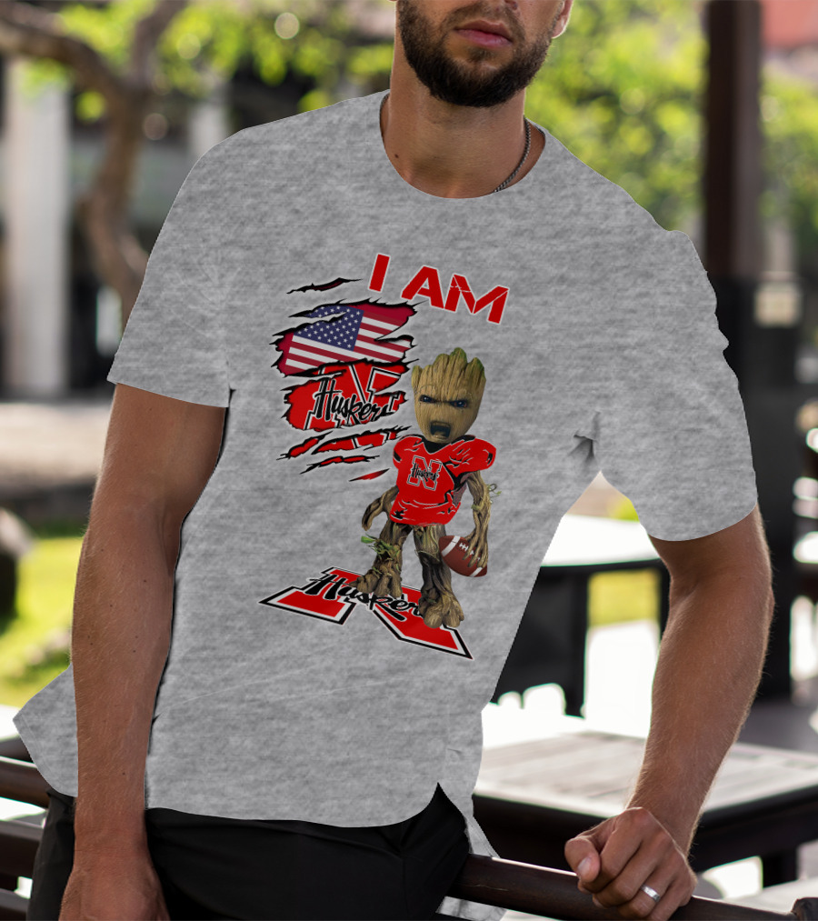 I Am Husker Baby Groot Football USA Flag T-Shirt