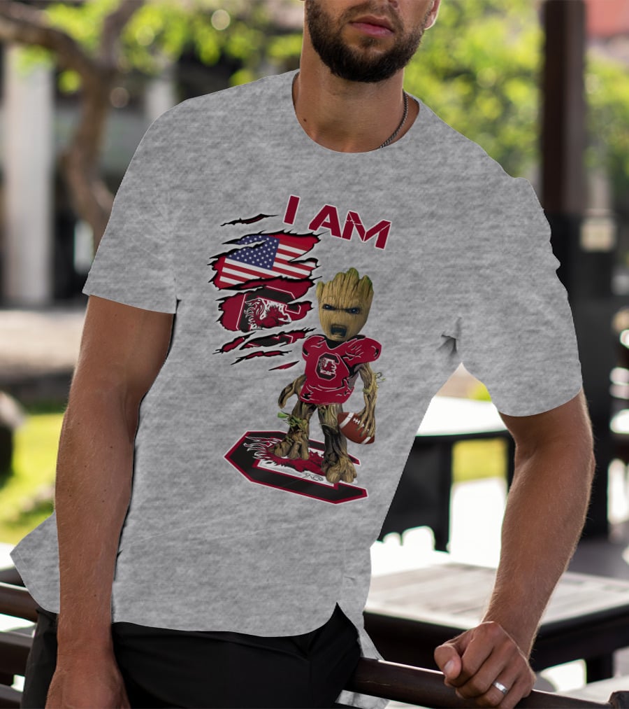I Am Gamecocks Baby Groot Football American Flag T-Shirt