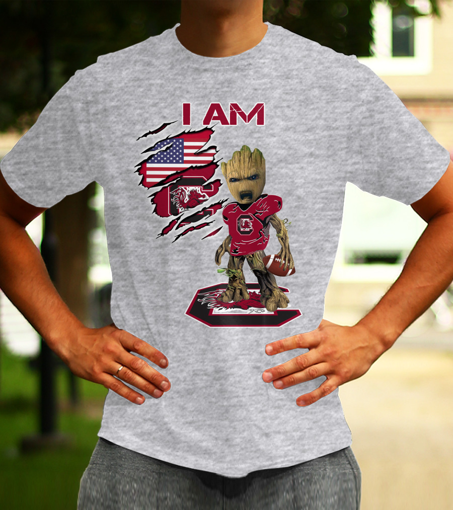 I Am Gamecocks Baby Groot Football American Flag T-Shirt
