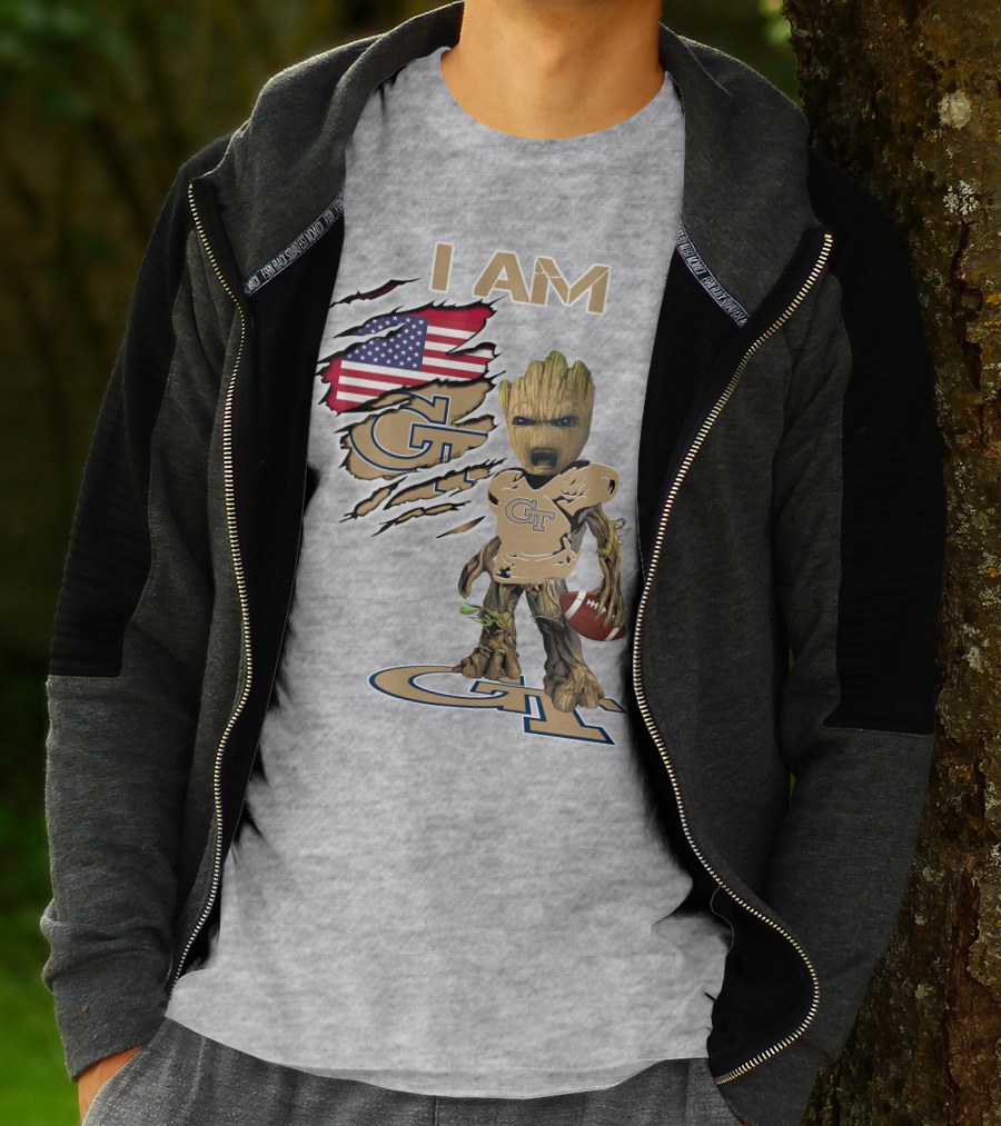 I Am Georgia Tech GT Baby Groot American Flag Football T-Shirt