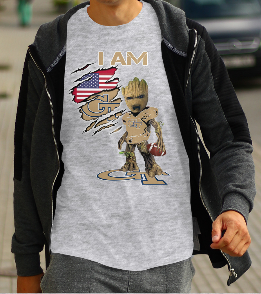 I Am Georgia Tech GT Baby Groot American Flag Football T-Shirt