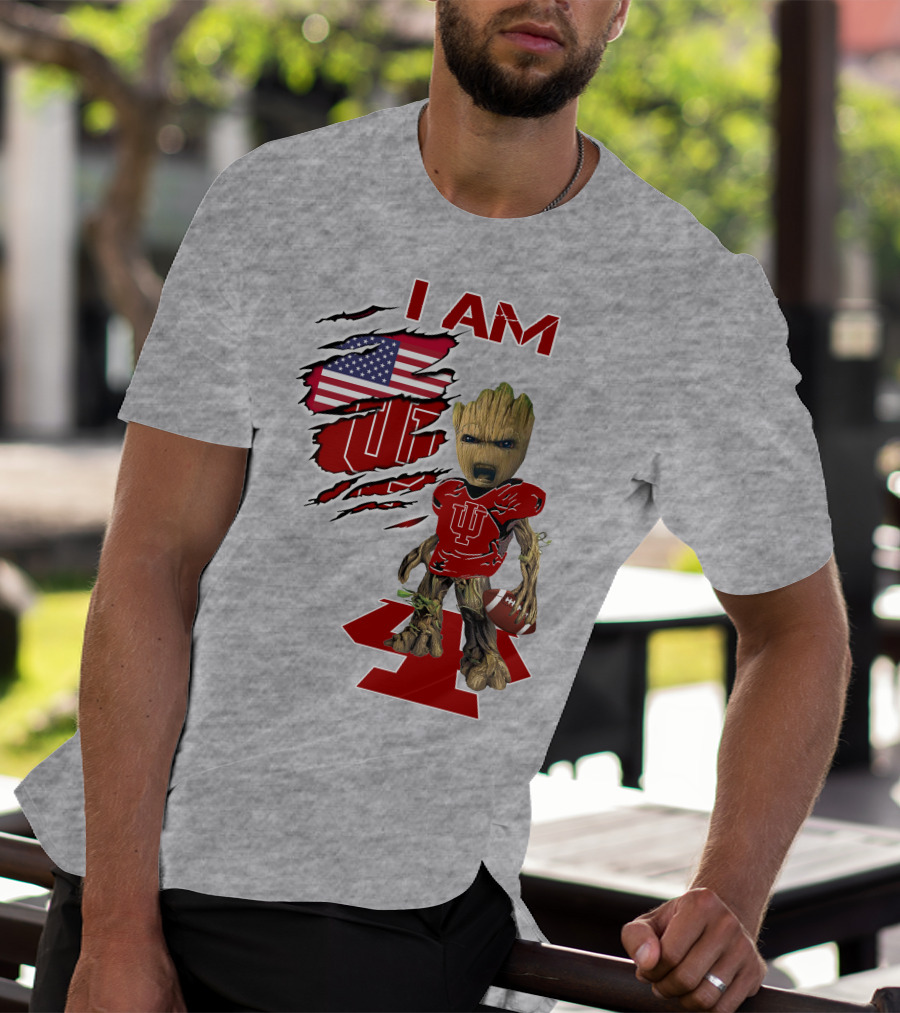 I Am Iu Hoosiers Baby Groot American Flag Football T-Shirt