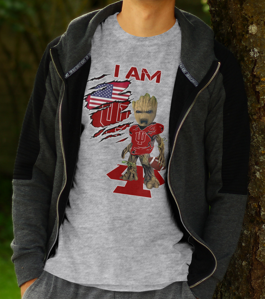 I Am Iu Hoosiers Baby Groot American Flag Football T-Shirt