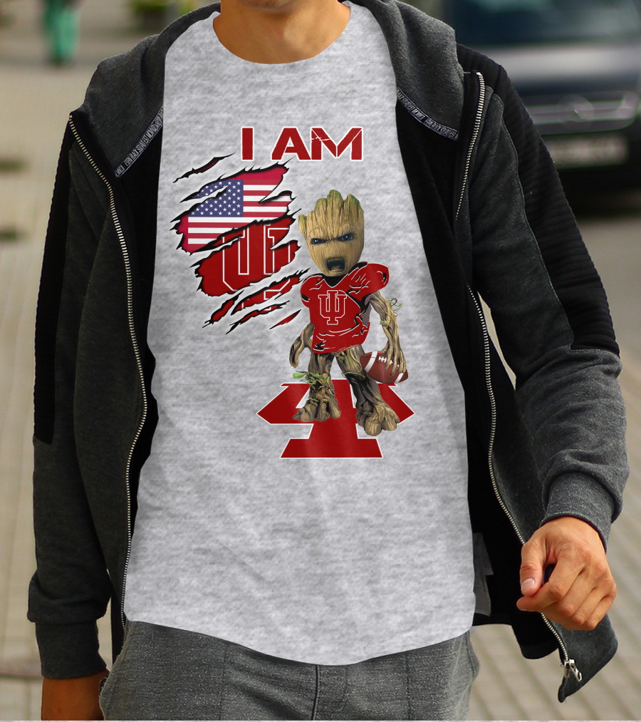 I Am Iu Hoosiers Baby Groot American Flag Football T-Shirt