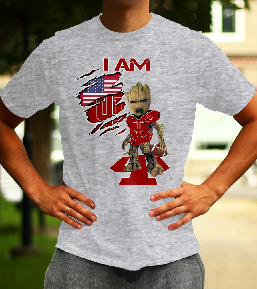 I Am Iu Hoosiers Baby Groot American Flag Football T-Shirt
