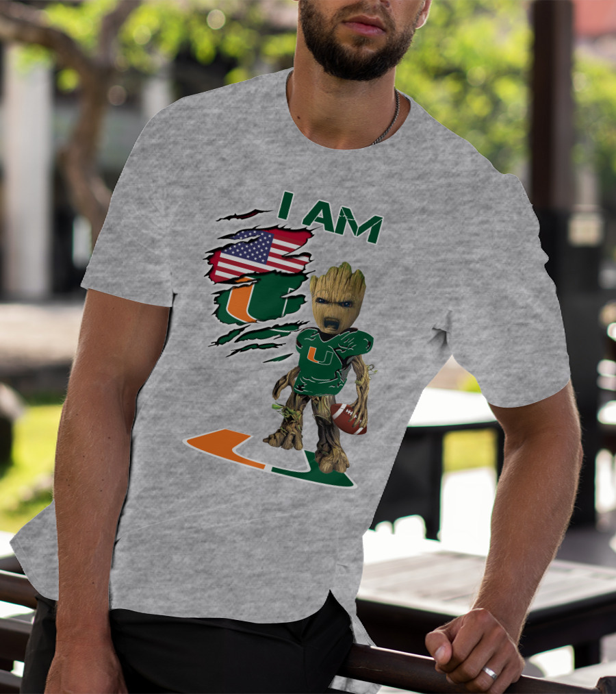 I AM Baby Groot Miami Hurricanes Football USA Flag T-Shirt