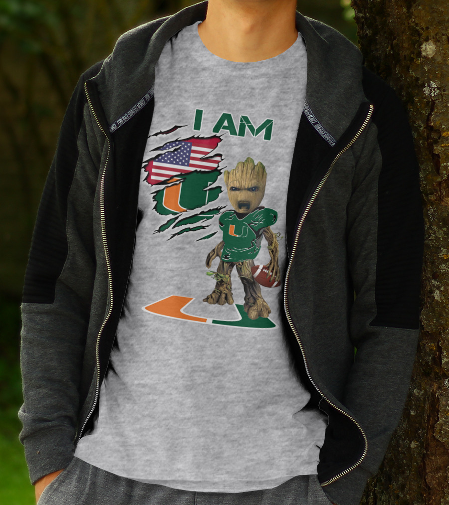 I AM Baby Groot Miami Hurricanes Football USA Flag T-Shirt