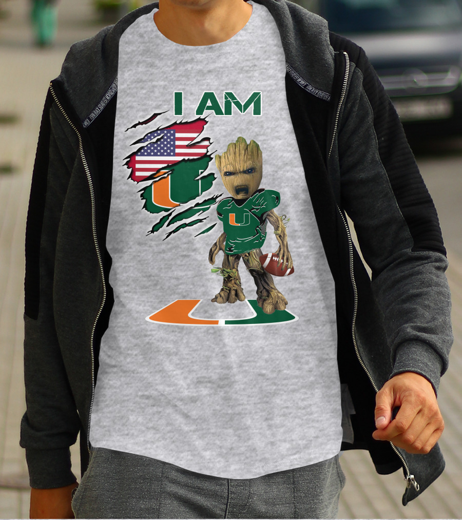 I AM Baby Groot Miami Hurricanes Football USA Flag T-Shirt