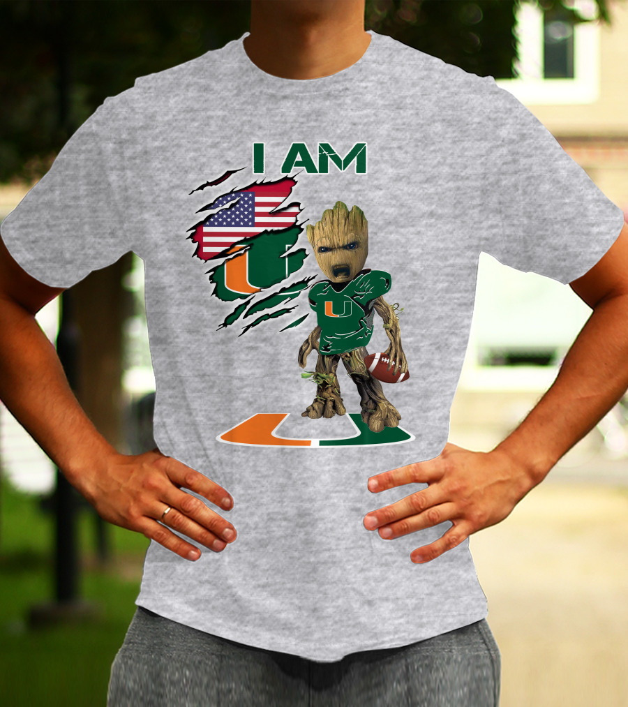 I AM Baby Groot Miami Hurricanes Football USA Flag T-Shirt